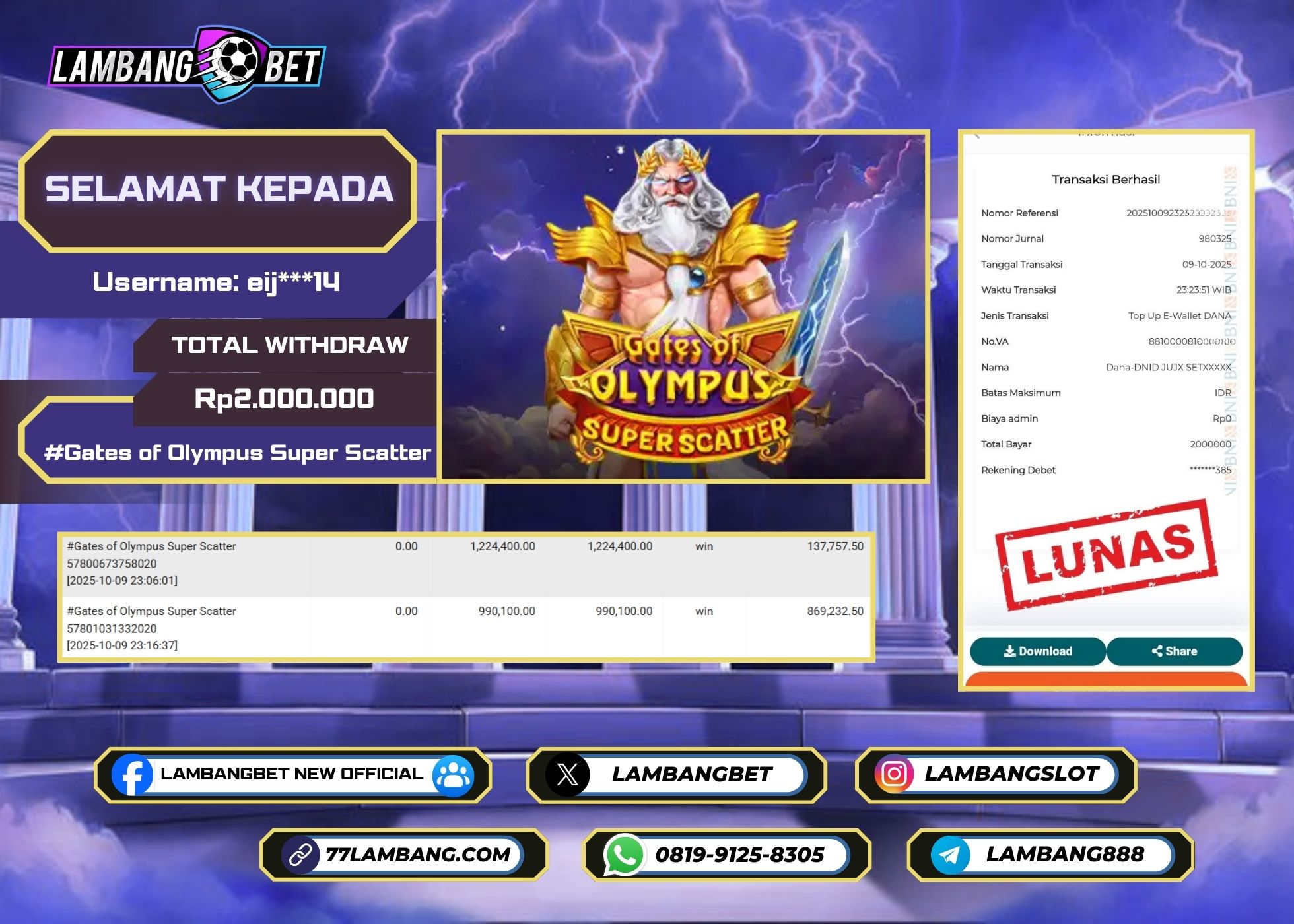 LAMBANGBET [9 OKTOBER 2025] JACKPOT SLOT Gates of Olympus Super Scatter "Rp2.000.000" LUNAS